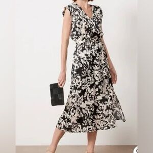 NWT Evereve Winona Floral Black and White Tie Waist Satin Midi Dress L Large